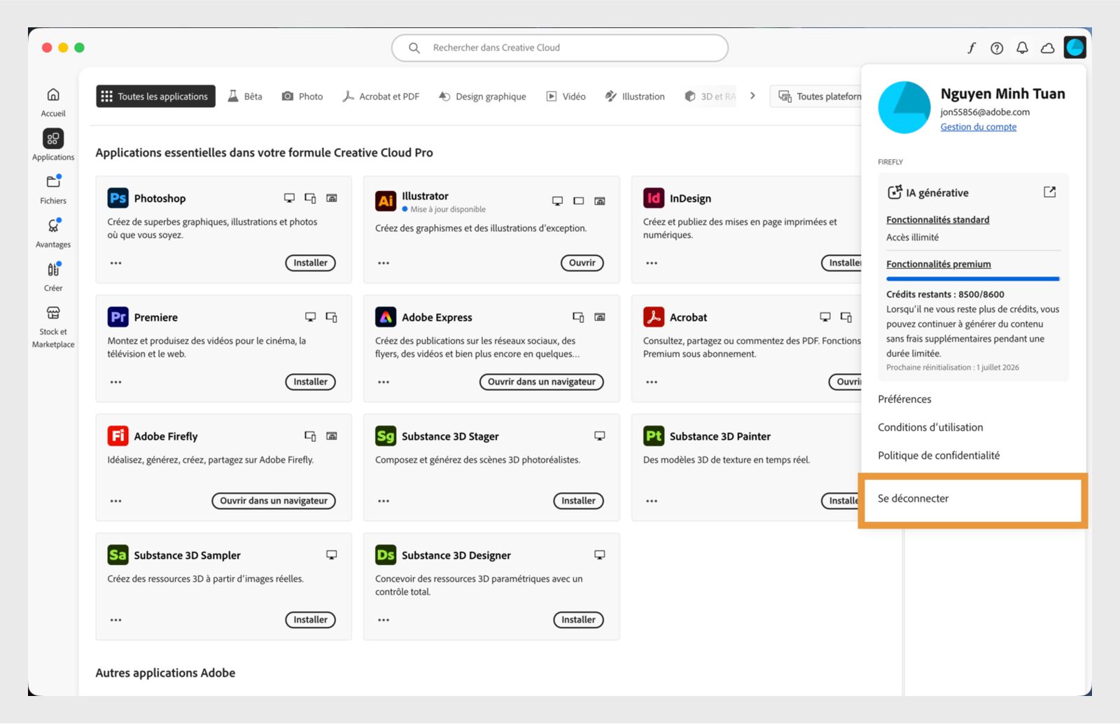Le bouton de menu Compte disponible dans le coin supérieur droit permet de se déconnecter de l'application de bureau Creative Cloud.