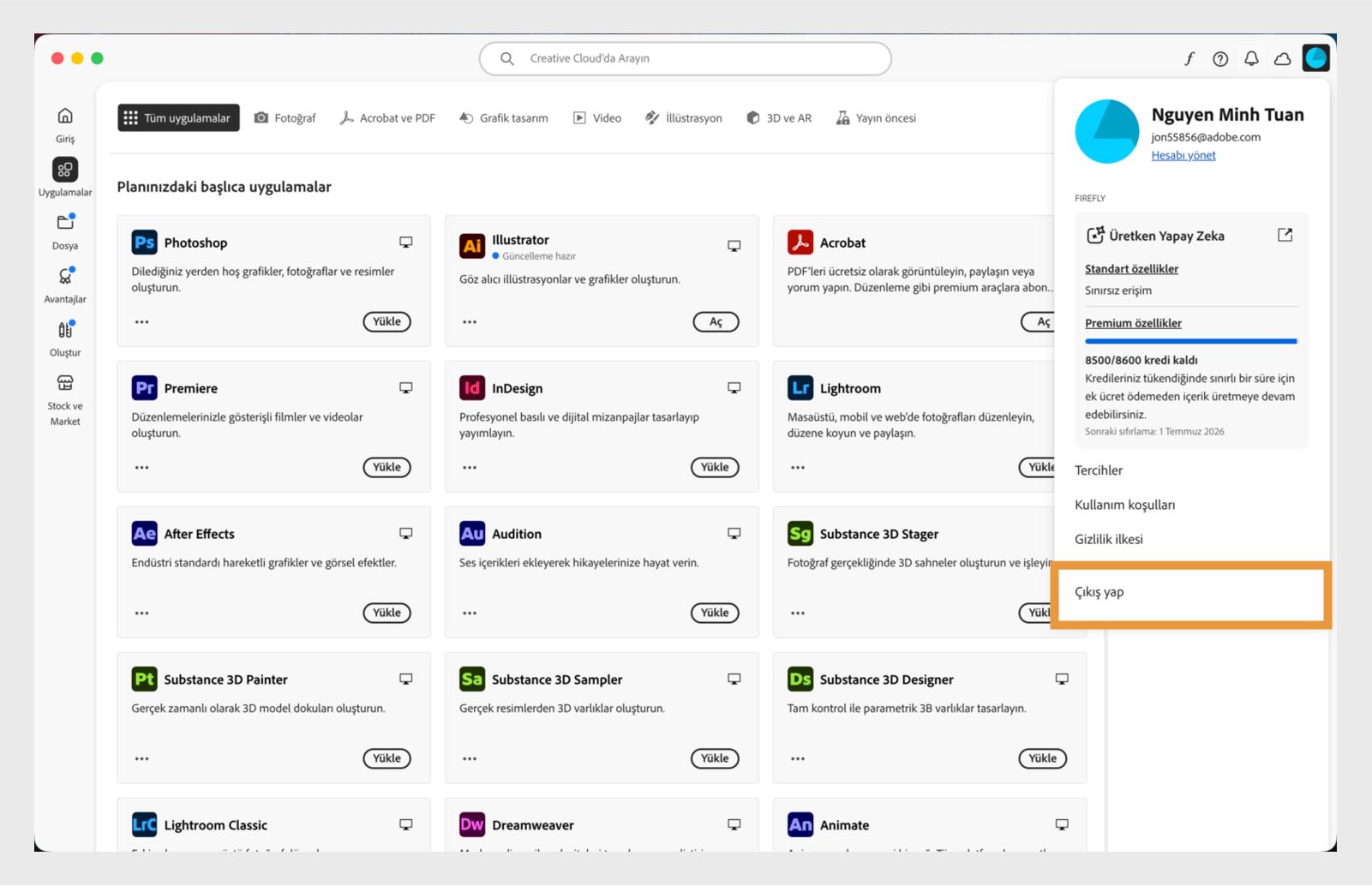 Sağ üst köşede bulunan Hesap menüsü düğmesi, Creative Cloud masaüstü uygulamasından çıkış yapma seçeneğini sunar.