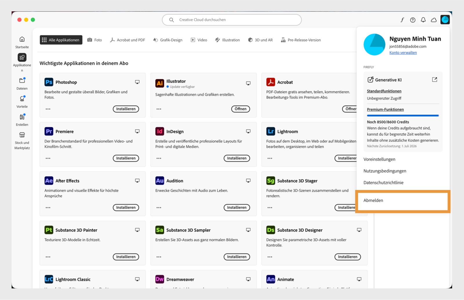 Der Button für das Konto-Menü in der oberen rechten Ecke bietet die Option, dich von deinem Creative Cloud-Client abzumelden.