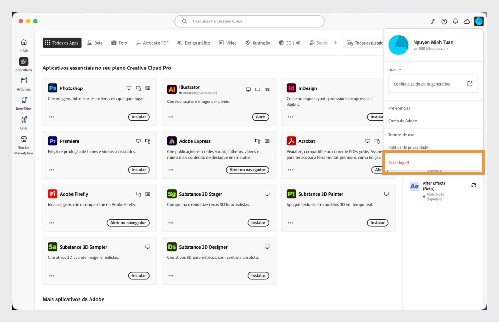 O botão do menu “Conta”, localizado no canto superior direito, permite fazer logoff do seu aplicativo para desktop da Creative Cloud.