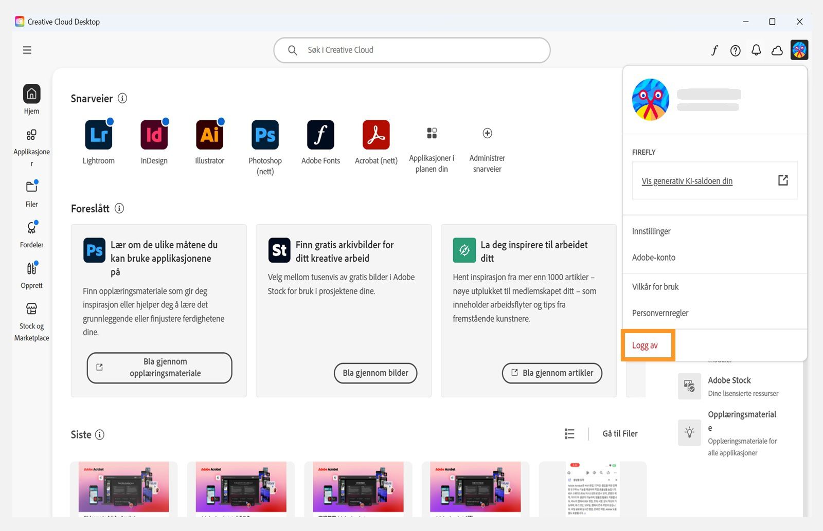 Startskjermen i Creative Cloud-appen viser nedtrekksmenyen for konto med alternativet for å Logg av. 