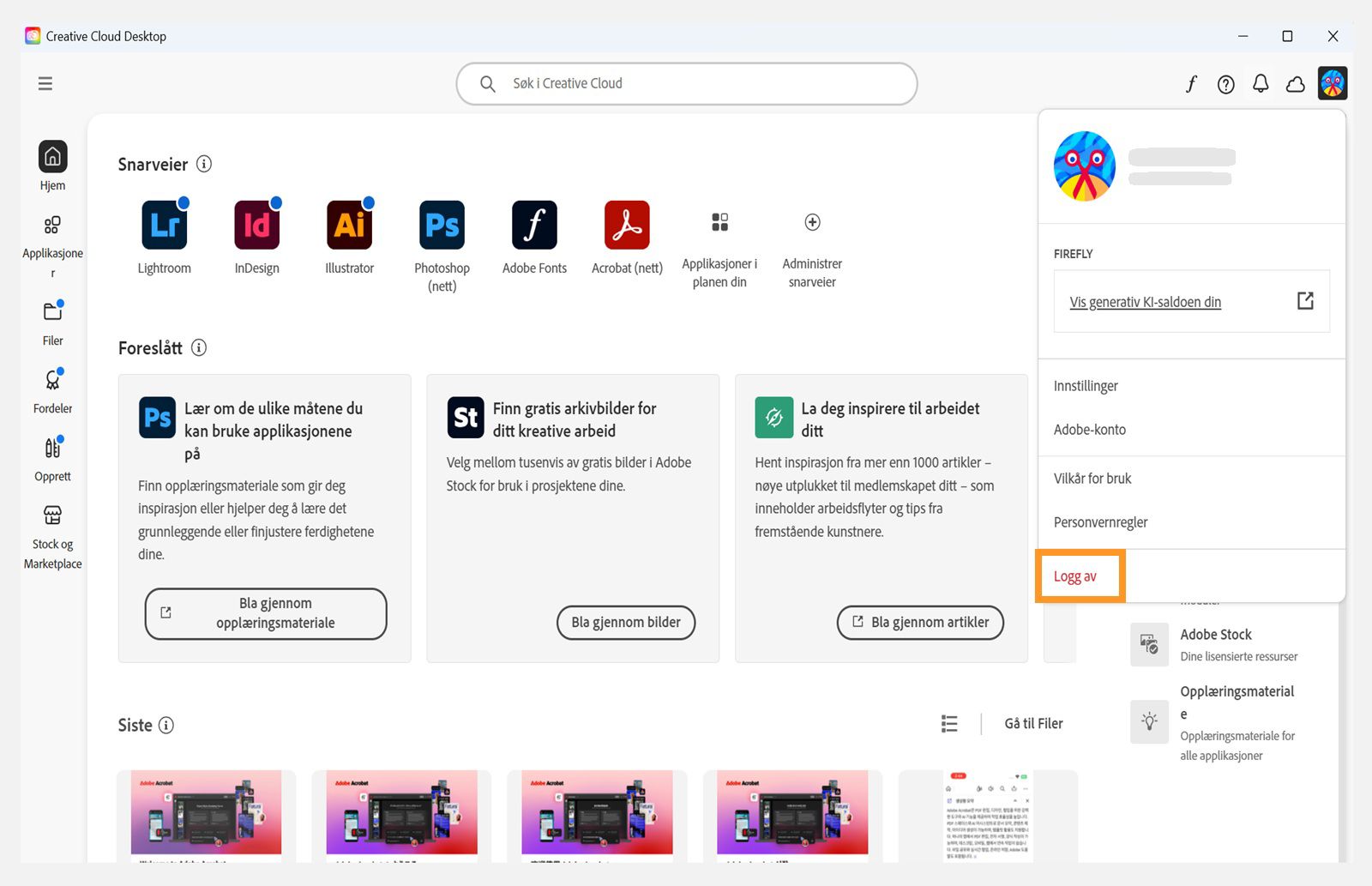 Kontoknappen som er tilgjengelig øverst til høyre gir deg muligheten til å logge av Creative Cloud-appen.