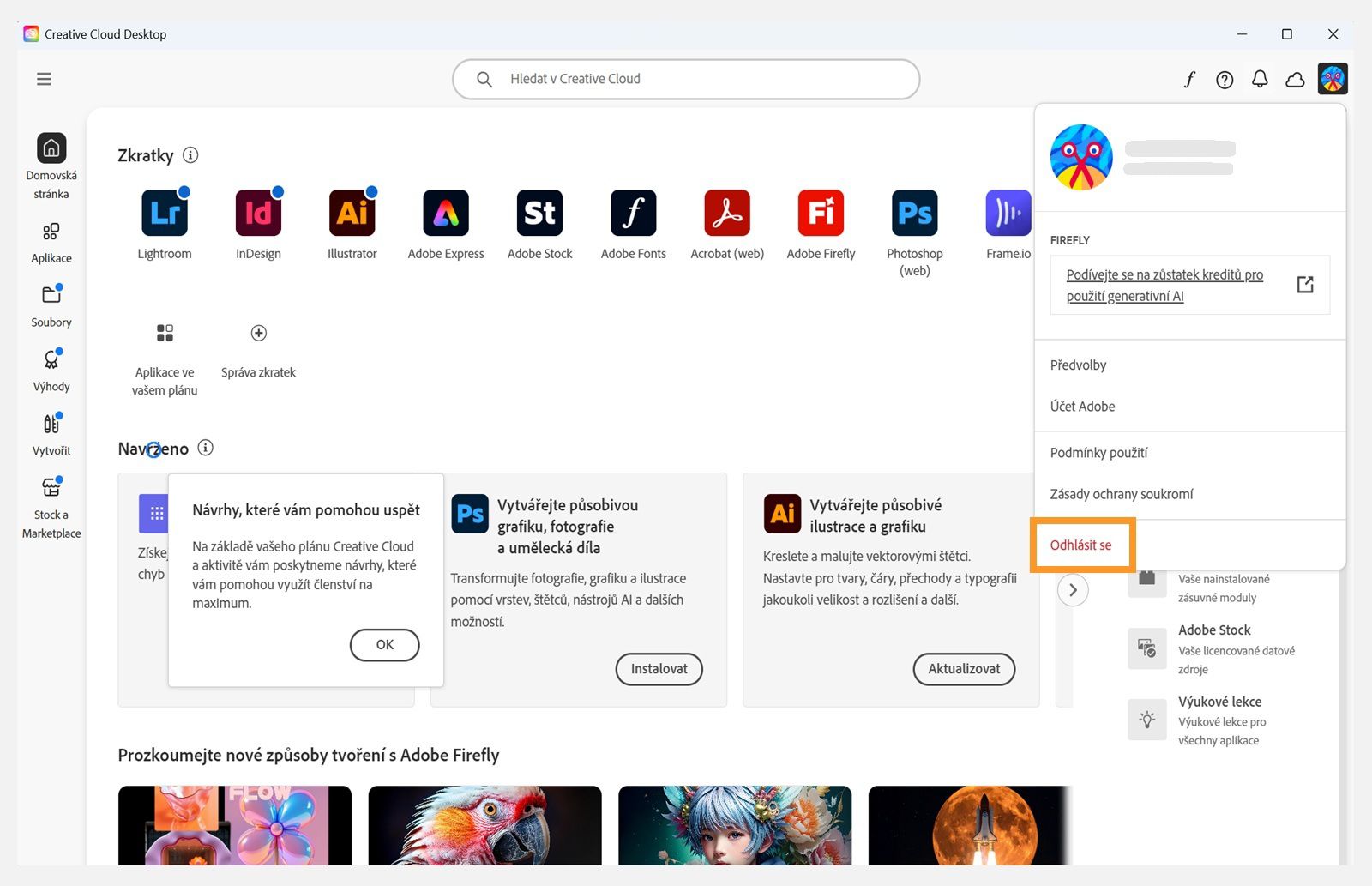 Tlačítko nabídky účtu dostupné v pravém horním rohu poskytuje možnost Odhlášení z vaší aplikace Creative Cloud.