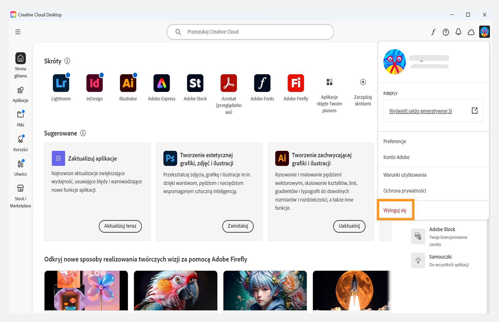 Przycisk menu Konto dostępny w prawym górnym rogu umożliwia wylogowanie się z aplikacji Creative Cloud Desktop.