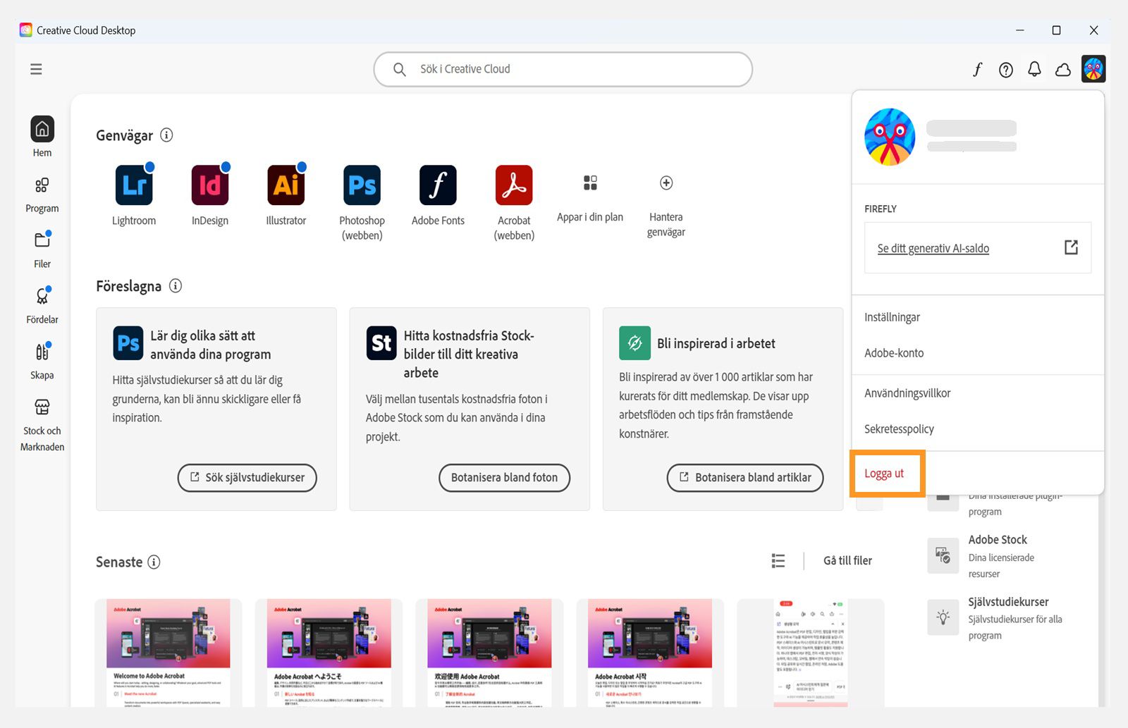 Knappen för kontomenyn som finns i det övre högra hörnet ger dig möjlighet att logga ut från ditt Creative Cloud-program.