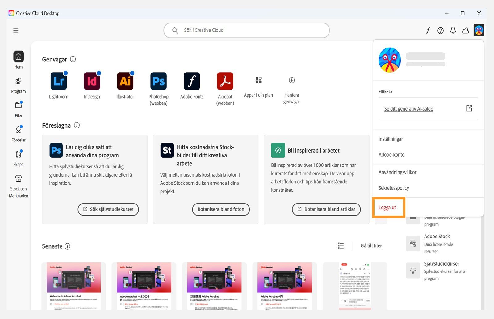 Startskärmen för Creative Cloud-programmet visar kontots rullgardinsmeny med alternativet att Logga ut. 