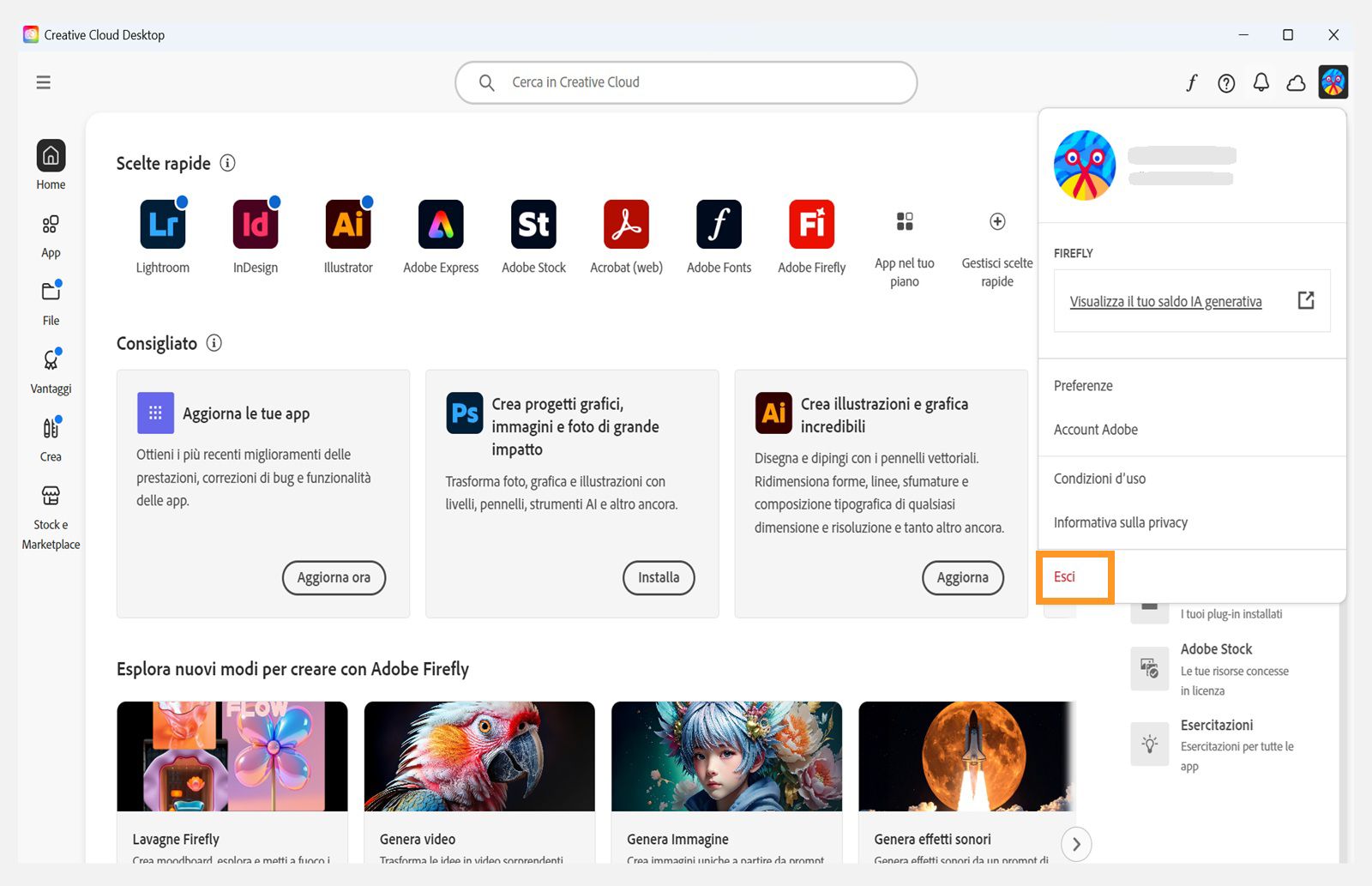 Il pulsante del menu account disponibile nell'angolo in alto a destra offre l'opzione per uscire dall'app Creative Cloud.