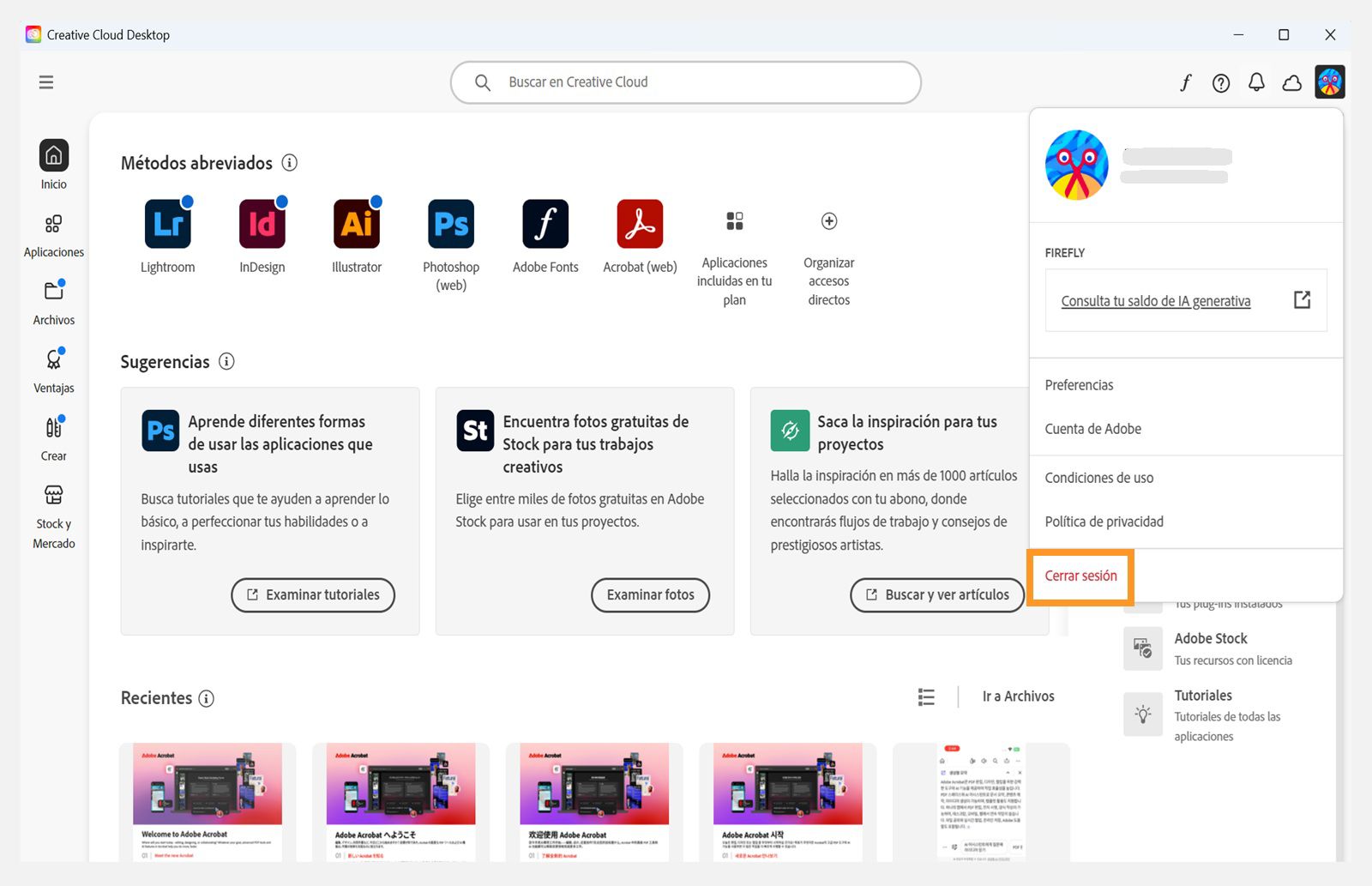 El botón del menú Cuenta disponible en la esquina superior derecha proporciona la opción de cerrar sesión en la aplicación de Creative Cloud.