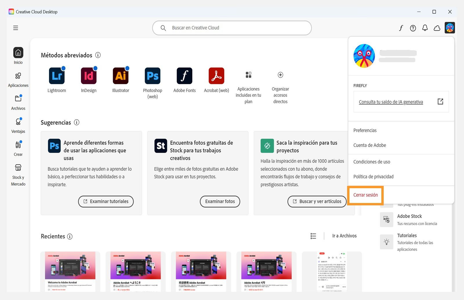 La pantalla de inicio de la aplicación de Creative Cloud muestra el menú desplegable Cuenta con la opción para Cerrar sesión. 