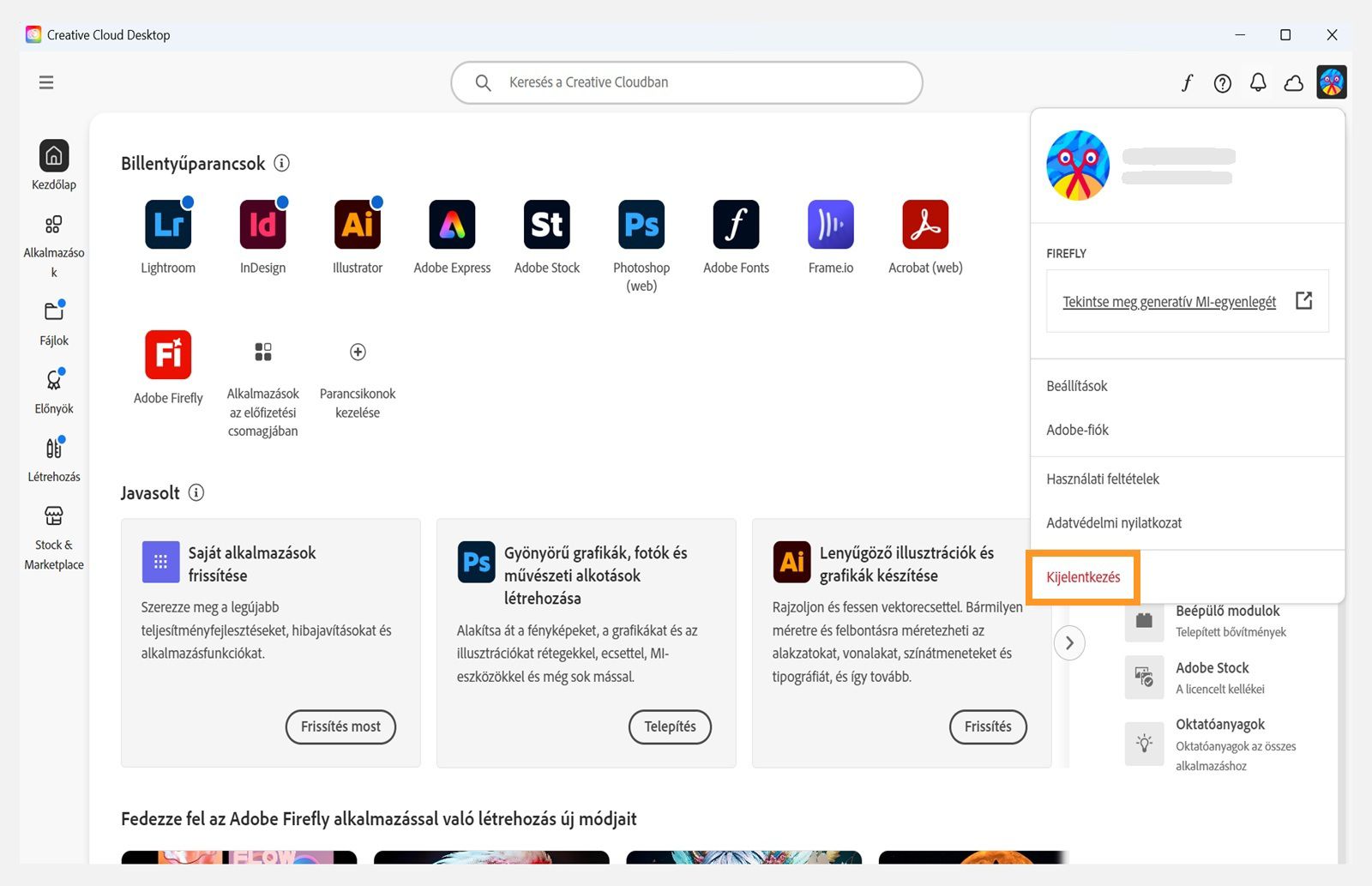 A Creative Cloud asztali alkalmazás kezdőképernyőjén megjelenik a Fiók legördülő menü a Kijelentkezés lehetőséggel. 