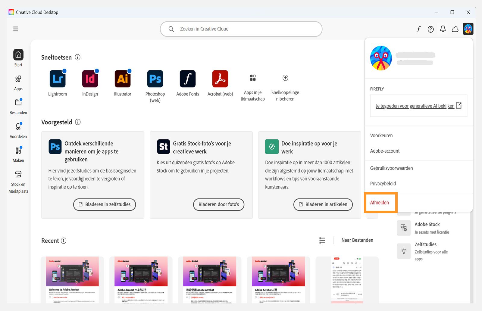 De account-menuknop in de rechterbovenhoek biedt de mogelijkheid om je af te melden bij je Creative Cloud desktop-applicatie.
