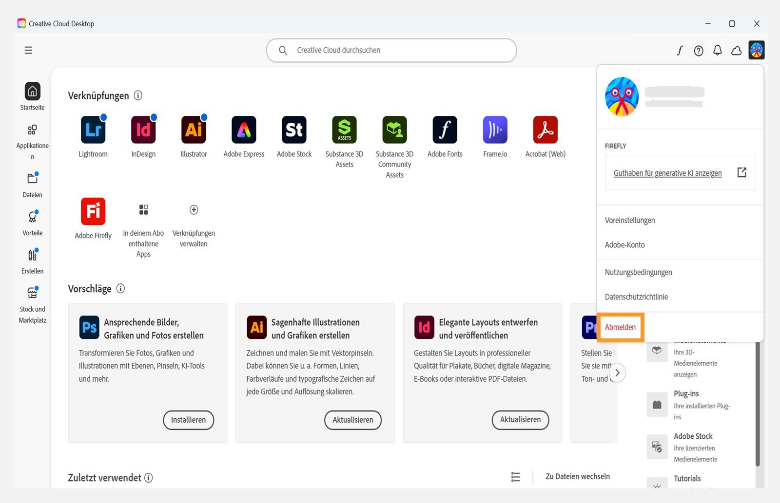 Auf dem Startbildschirm des Creative Cloud-Clients wird das Dropdown-Menü „Konto“ mit der Option „Abmelden“ angezeigt. 