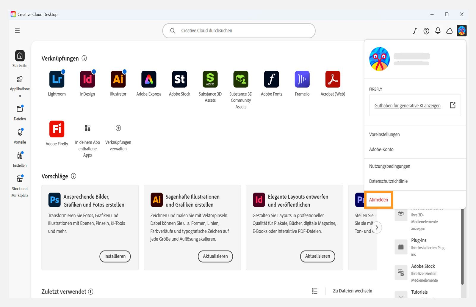 Über die Menüschaltfläche „Konto“ in der rechten oberen Ecke kannst du dich bei deinem Creative Cloud-Client abmelden.