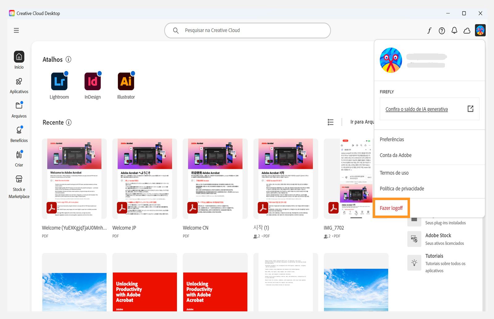 O botão do menu Conta disponível no canto superior direito oferece a opção de fazer logoff do aplicativo de desktop da Creative Cloud.
