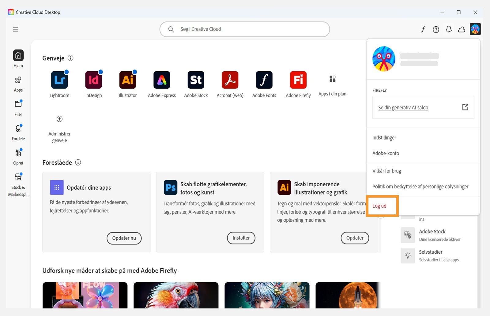 På startskærmen for Creative Cloud-computerappen vises Konto-rullemenuen med muligheden for at logge ud. 