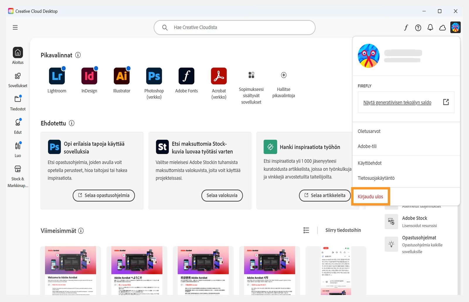 Creative Cloud -tietokonesovelluksen aloitusnäytössä näkyy avattava Tili-valikko ja Kirjaudu ulos -vaihtoehto. 