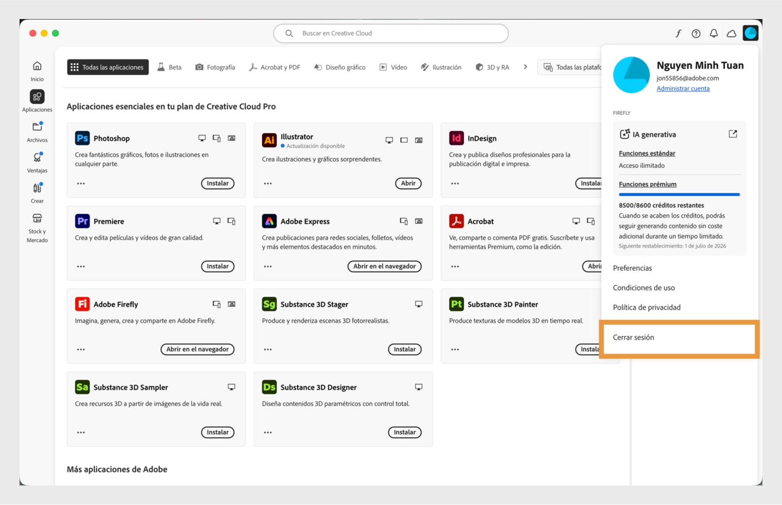 El botón del menú Cuenta disponible en la esquina superior derecha proporciona la opción de cerrar sesión en su aplicación de Creative Cloud.