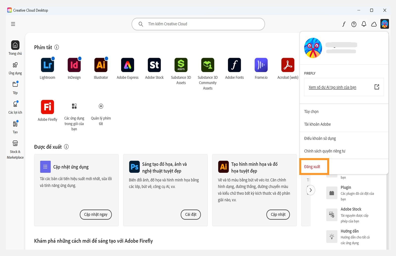 Màn hình chính của ứng dụng Creative Cloud cho máy tính để bàn hiển thị menu thả xuống Tài khoản với tùy chọn Đăng xuất. 