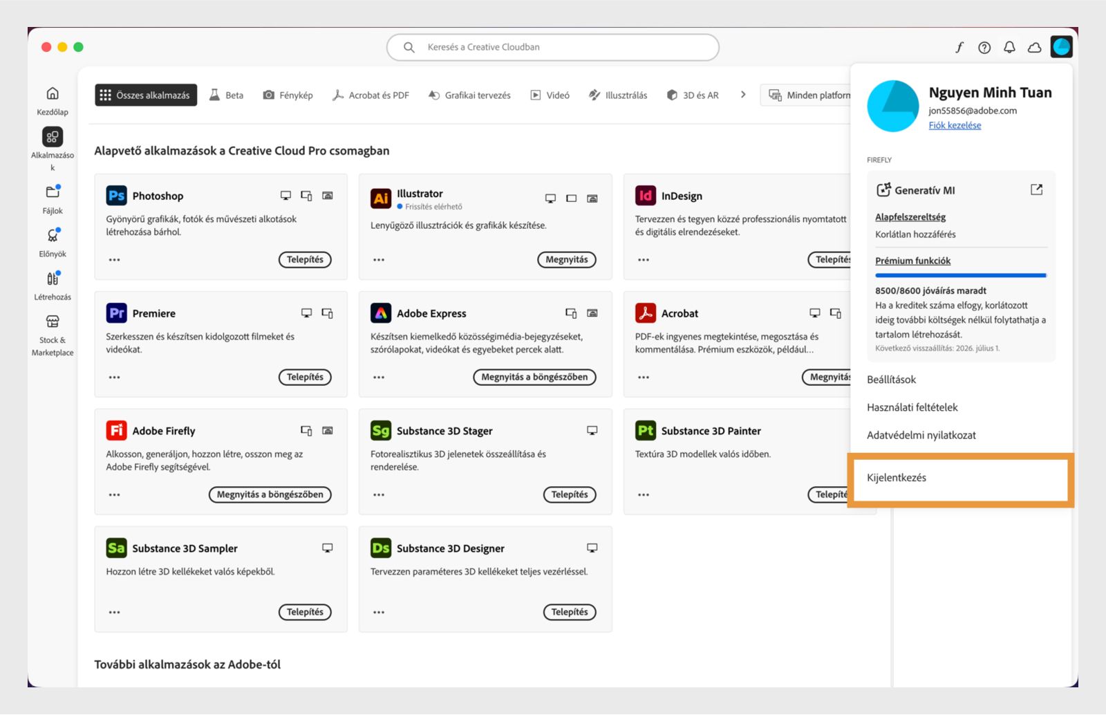 A jobb felső sarokban található Fiók menü gomb lehetőséget biztosít a Creative Cloud alkalmazásból való kijelentkezésre.