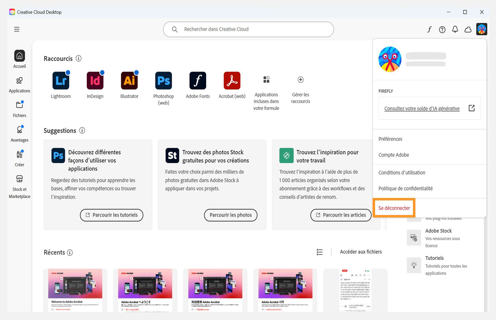 Le bouton de menu Compte disponible dans le coin supérieur droit propose une option pour vous déconnecter de votre application de bureau Creative Cloud.