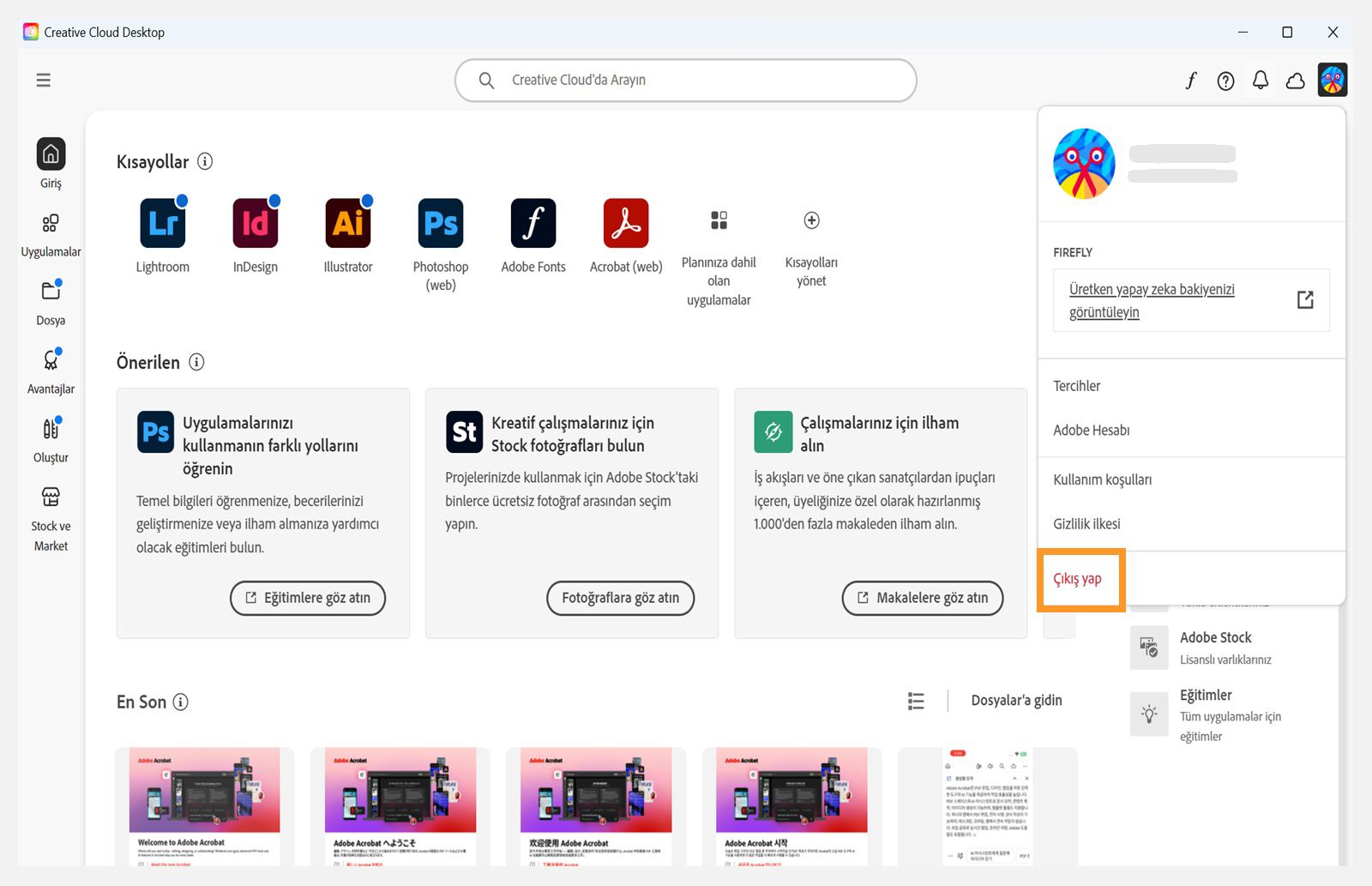 Creative Cloud masaüstü uygulamasından çıkış yapmak için sağ üst köşedeki Hesap menüsü düğmesini kullanabilirsiniz.