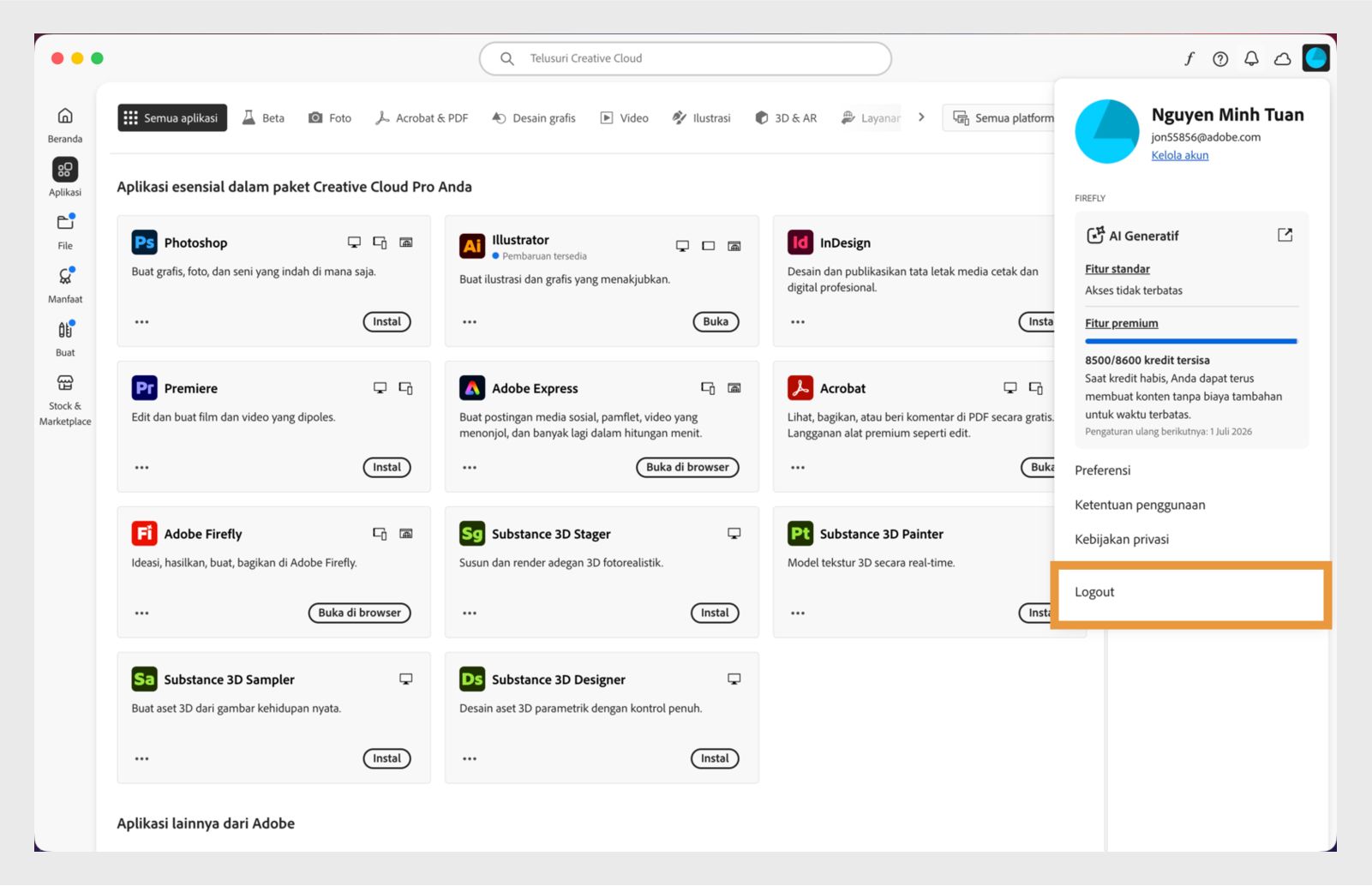 Tombol menu Akun yang tersedia di pojok kanan atas menyediakan opsi untuk keluar dari Aplikasi desktop Creative Cloud Anda.