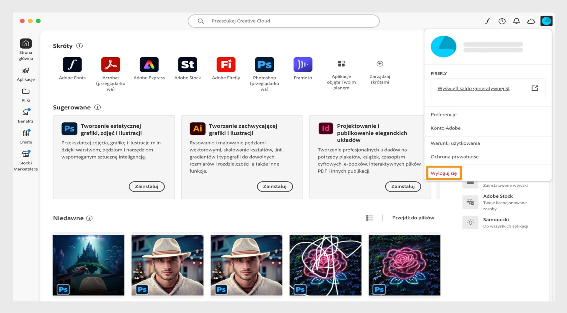 Ikona konta, dostępna w prawym górnym rogu ekranu, zapewnia opcję wylogowania się z aplikacji Creative Cloud Desktop.