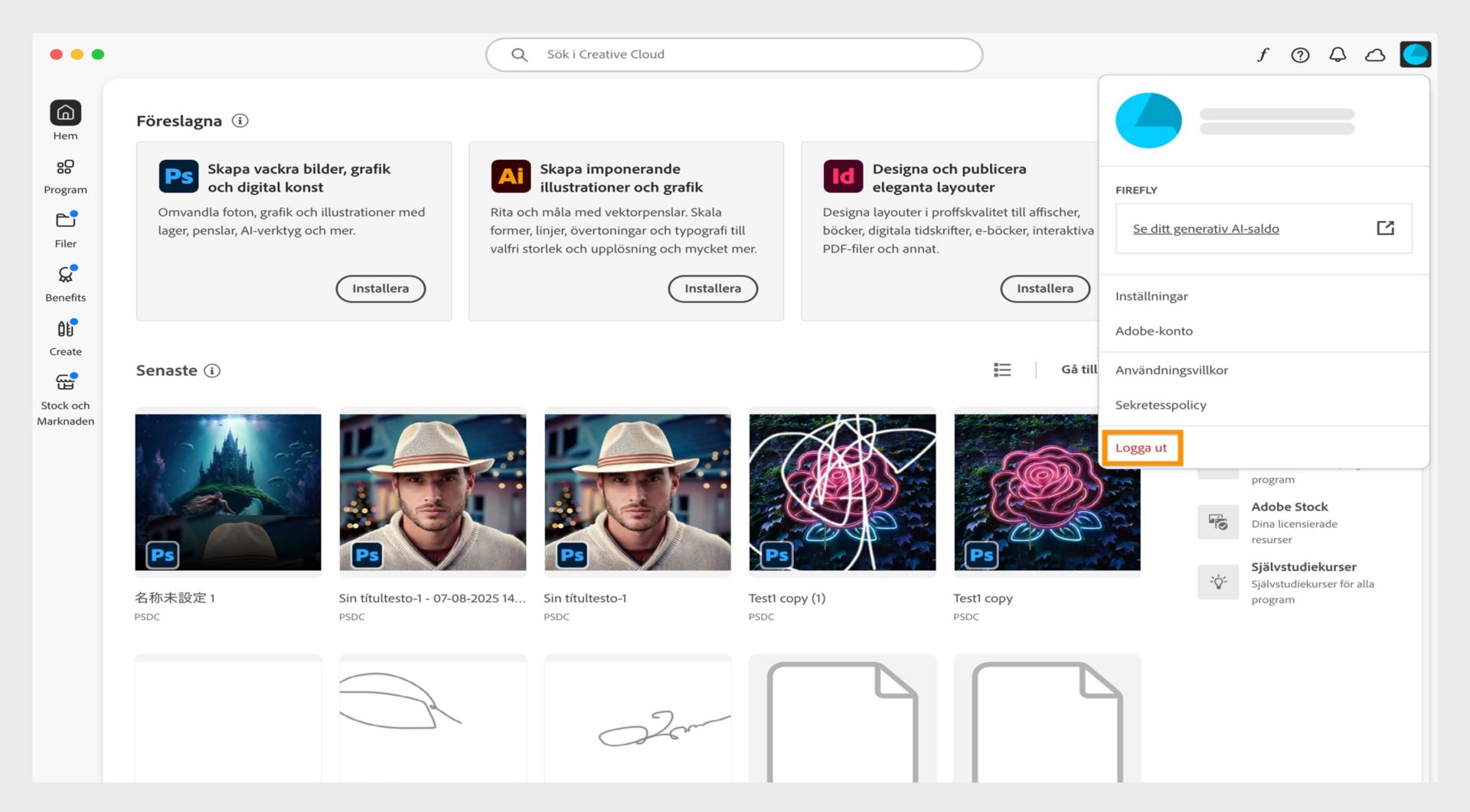 Med ikonen Konto, som finns i det övre högra hörnet av skärmen, går det att logga ut från Creative Cloud-programmet.