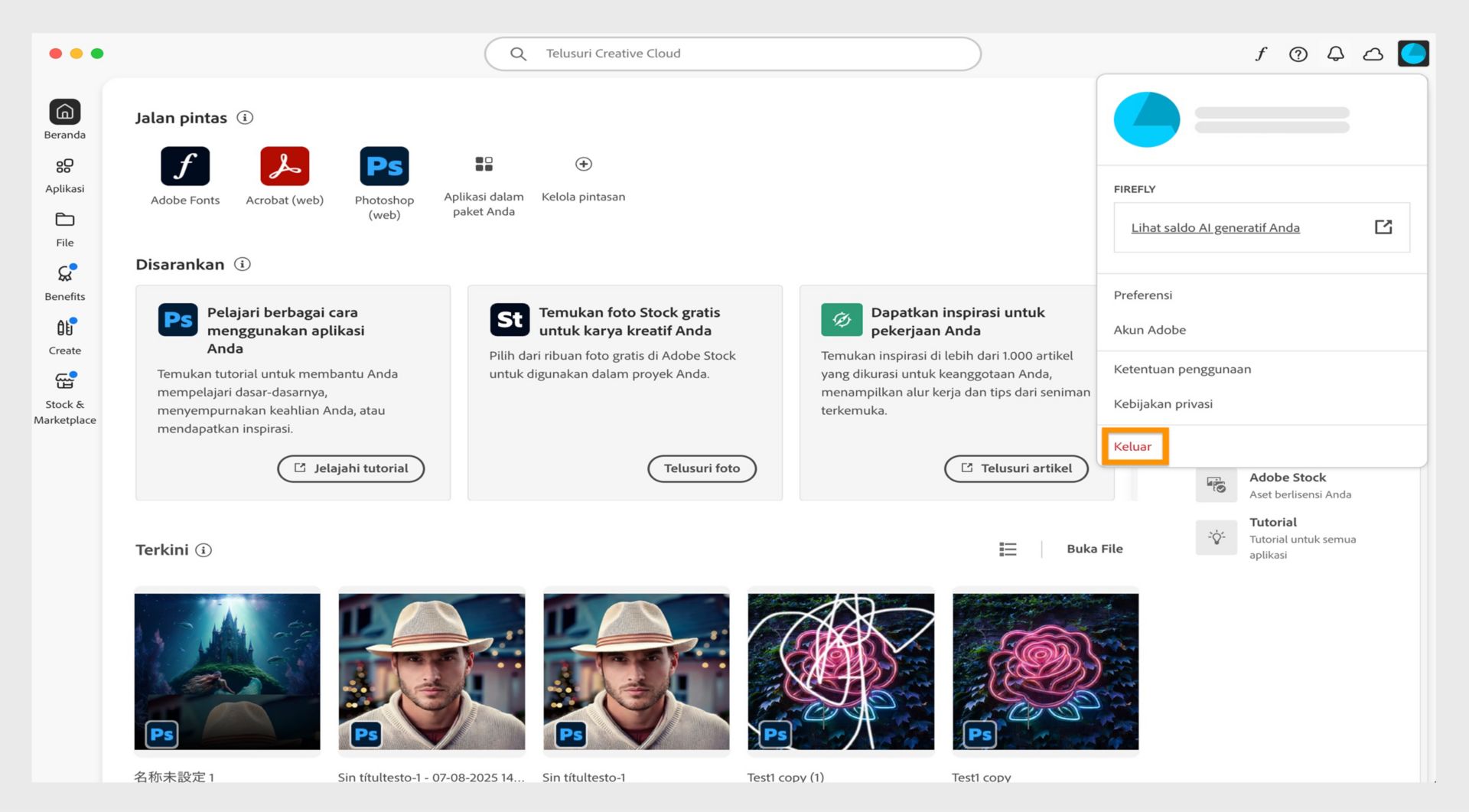 Ikon Akun, tersedia di pojok kanan atas layar, menyediakan opsi untuk keluar dari aplikasi desktop Creative Cloud Anda.