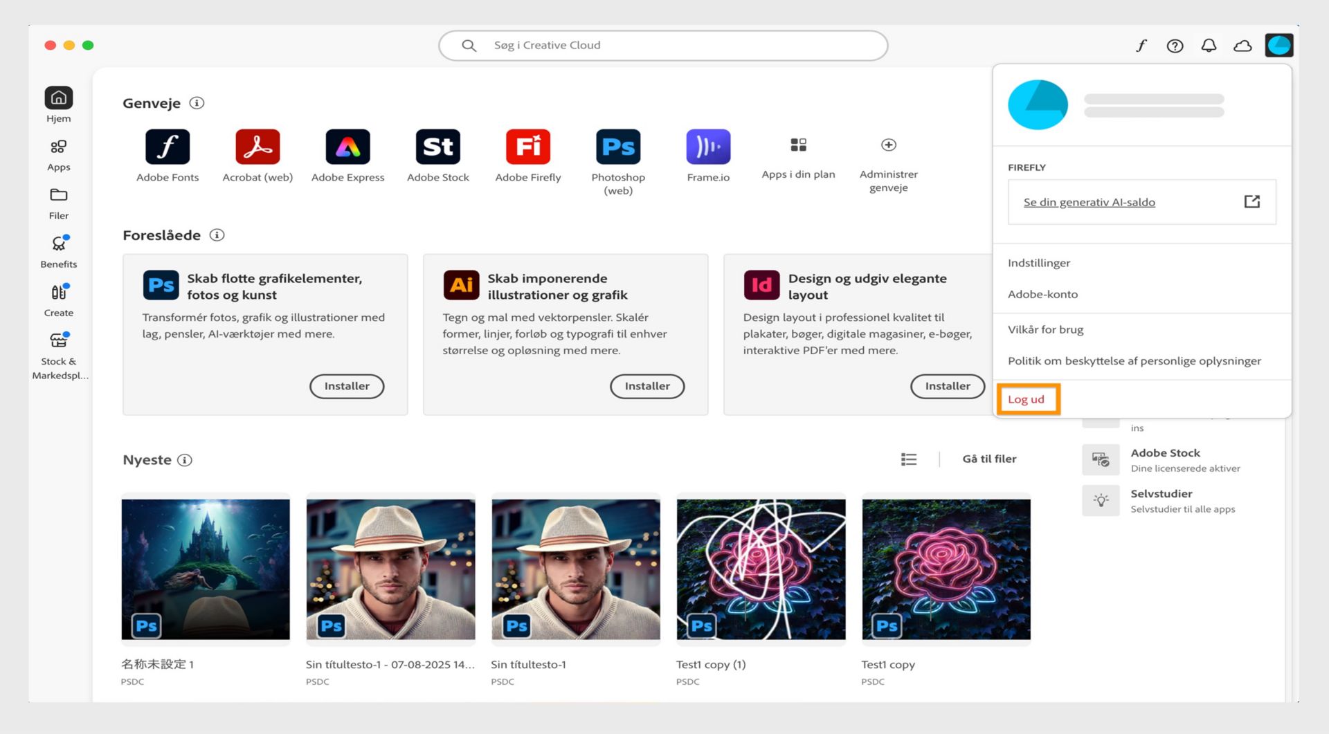 Ikonet Konto i øverste højre hjørne gør det muligt at logge ud af Creative Cloud-computerappen.