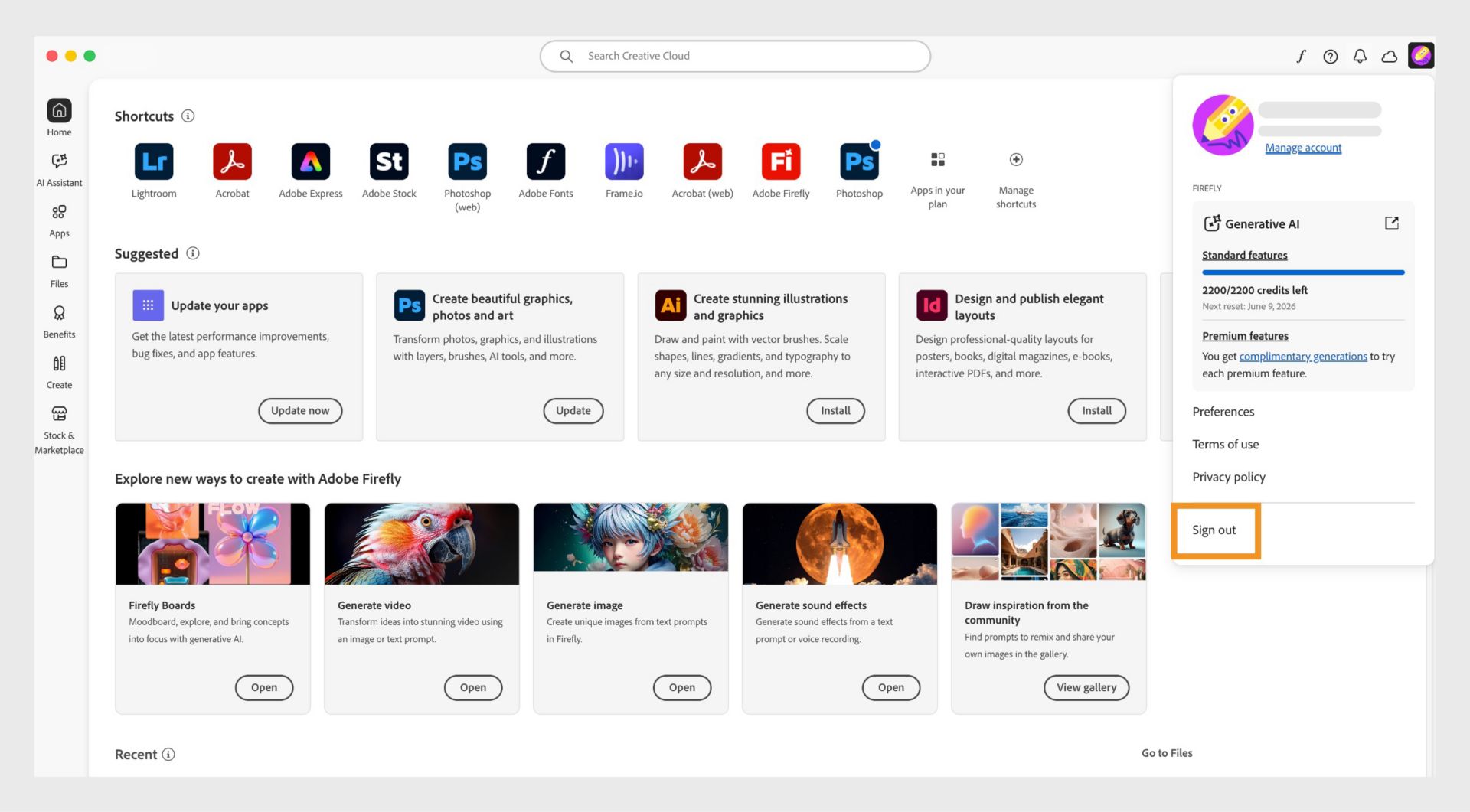 The Account icon, available at the top-right corner of the screen, provides the option to sign out from the Creative Cloud desktop app.