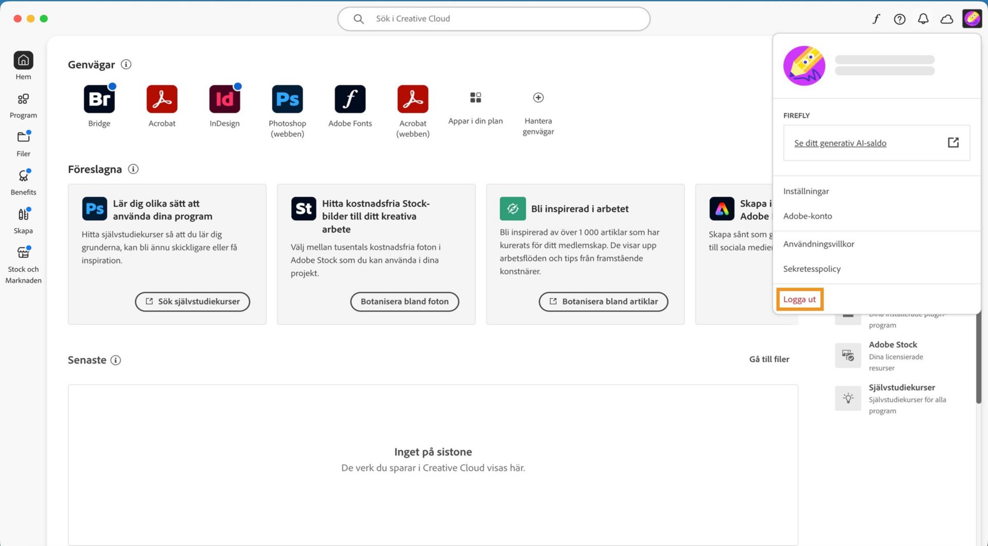 Med Konto-knappen i det övre högra hörnet kan du logga ut från Creative Cloud-programmet.