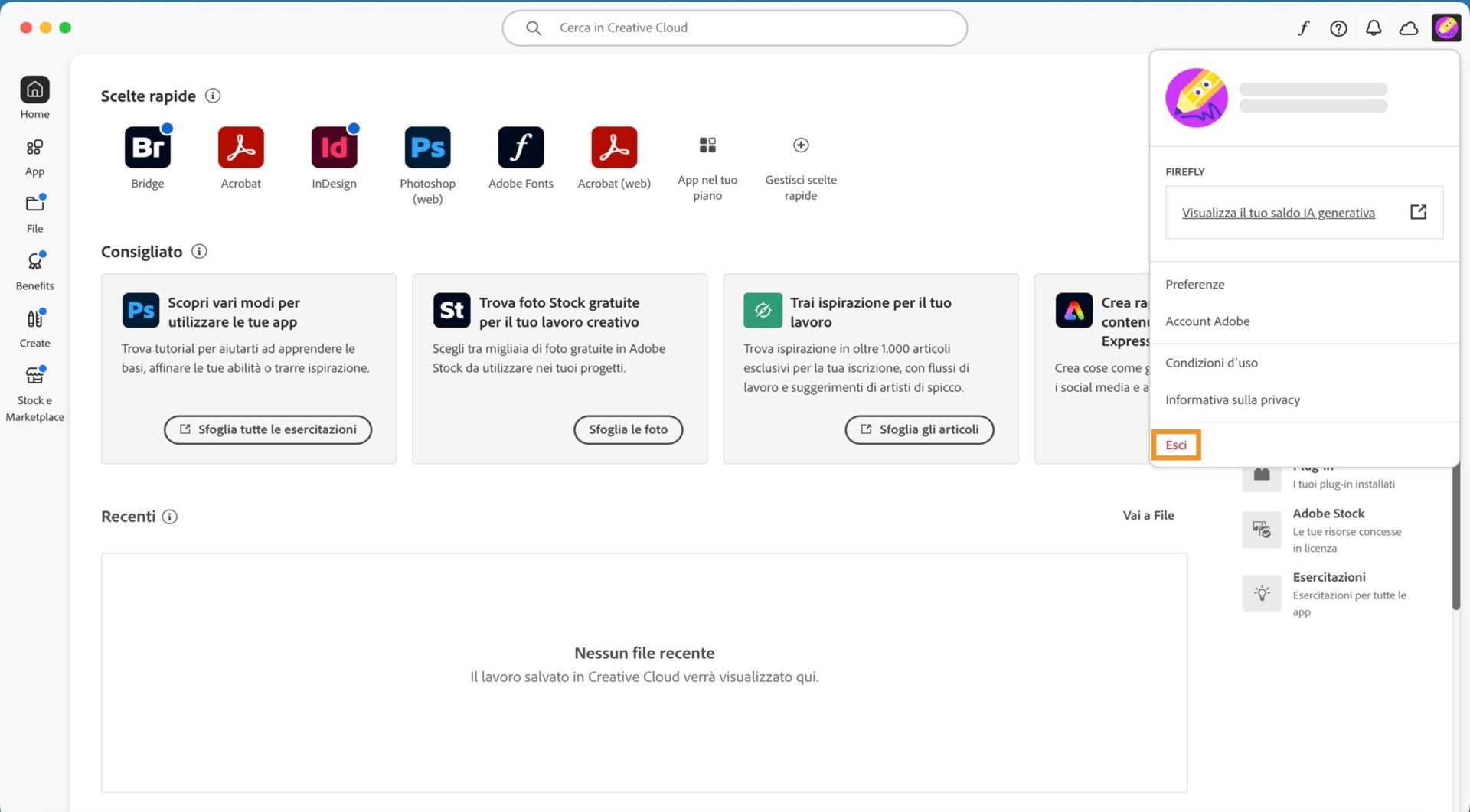 La schermata principale dell'app Creative Cloud mostra il menu a discesa Account con l'opzione per Esci. 