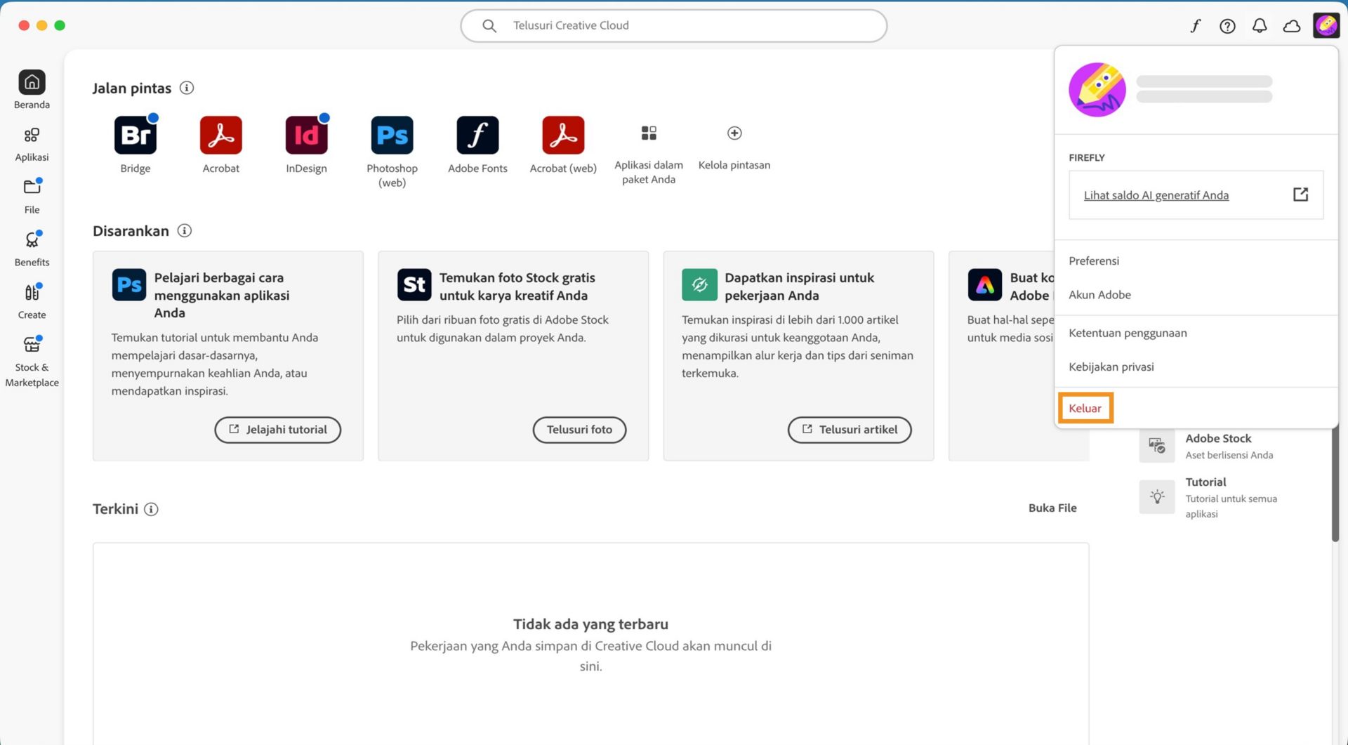 Layar beranda aplikasi desktop Creative Cloud menampilkan menu drop-down Akun dengan opsi untuk Logout. 