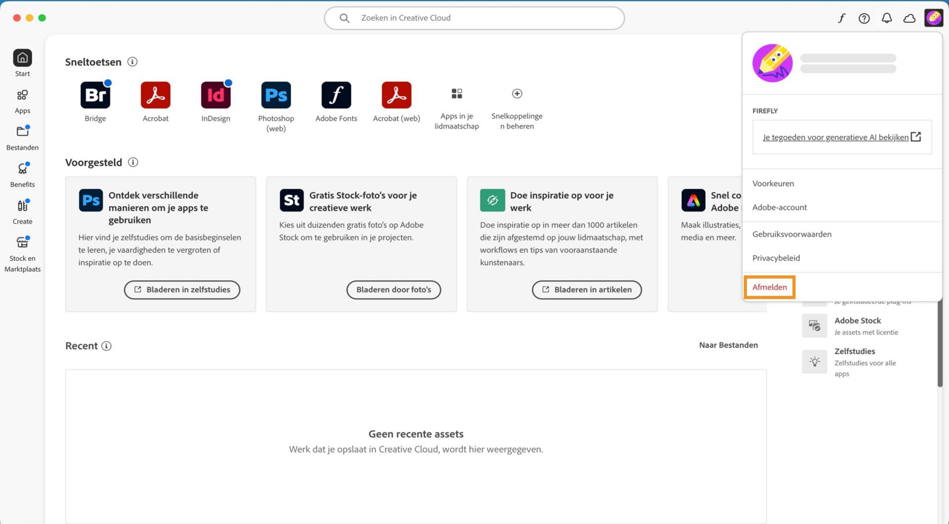 De account-menuknop in de rechterbovenhoek biedt de mogelijkheid om je af te melden bij je Creative Cloud desktop-applicatie.