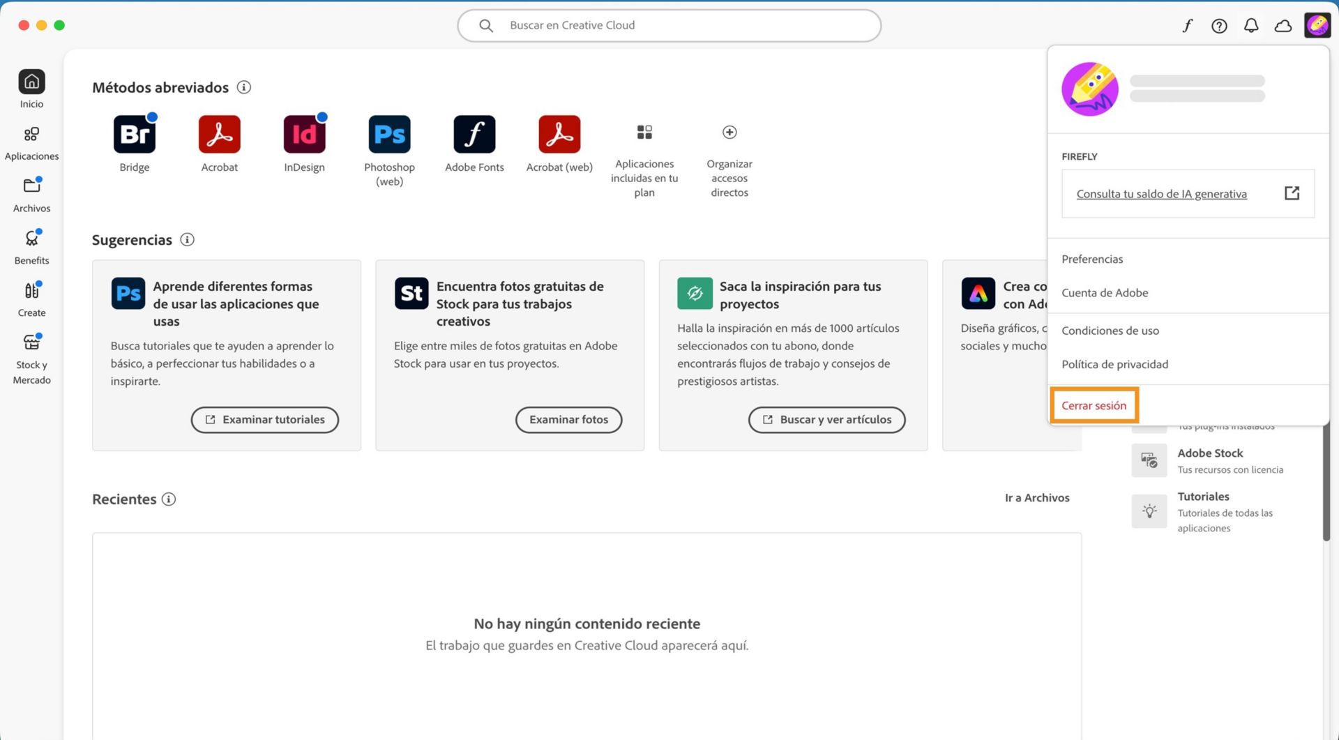 El botón del menú Cuenta disponible en la esquina superior derecha proporciona la opción de cerrar sesión en la aplicación de Creative Cloud.