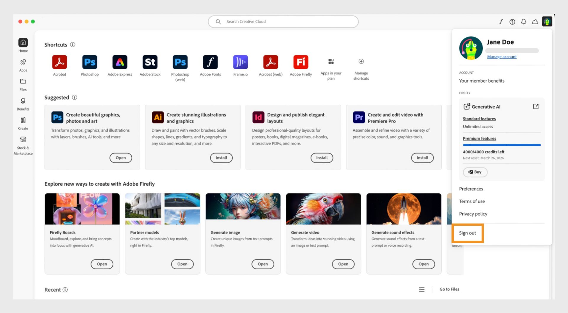 Na začetnem zaslonu programa Creative Cloud se prikaže spustni meni računa z možnostjo odjave. 