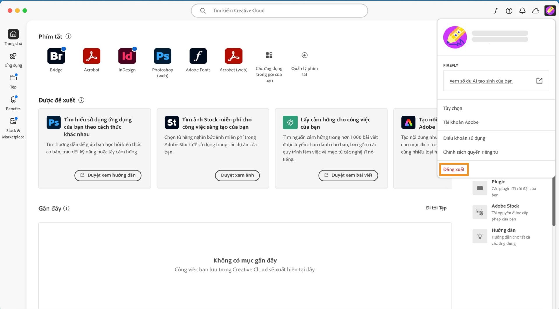 Màn hình chính của ứng dụng Creative Cloud cho máy tính để bàn hiển thị menu thả xuống Tài khoản với tùy chọn Đăng xuất. 