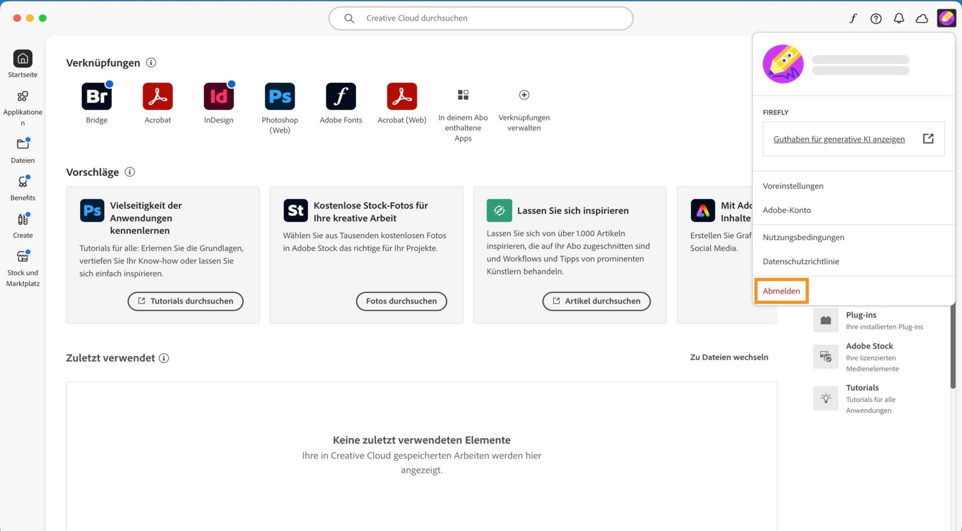 Auf dem Startbildschirm des Creative Cloud-Clients wird das Dropdown-Menü „Konto“ mit der Option „Abmelden“ angezeigt. 