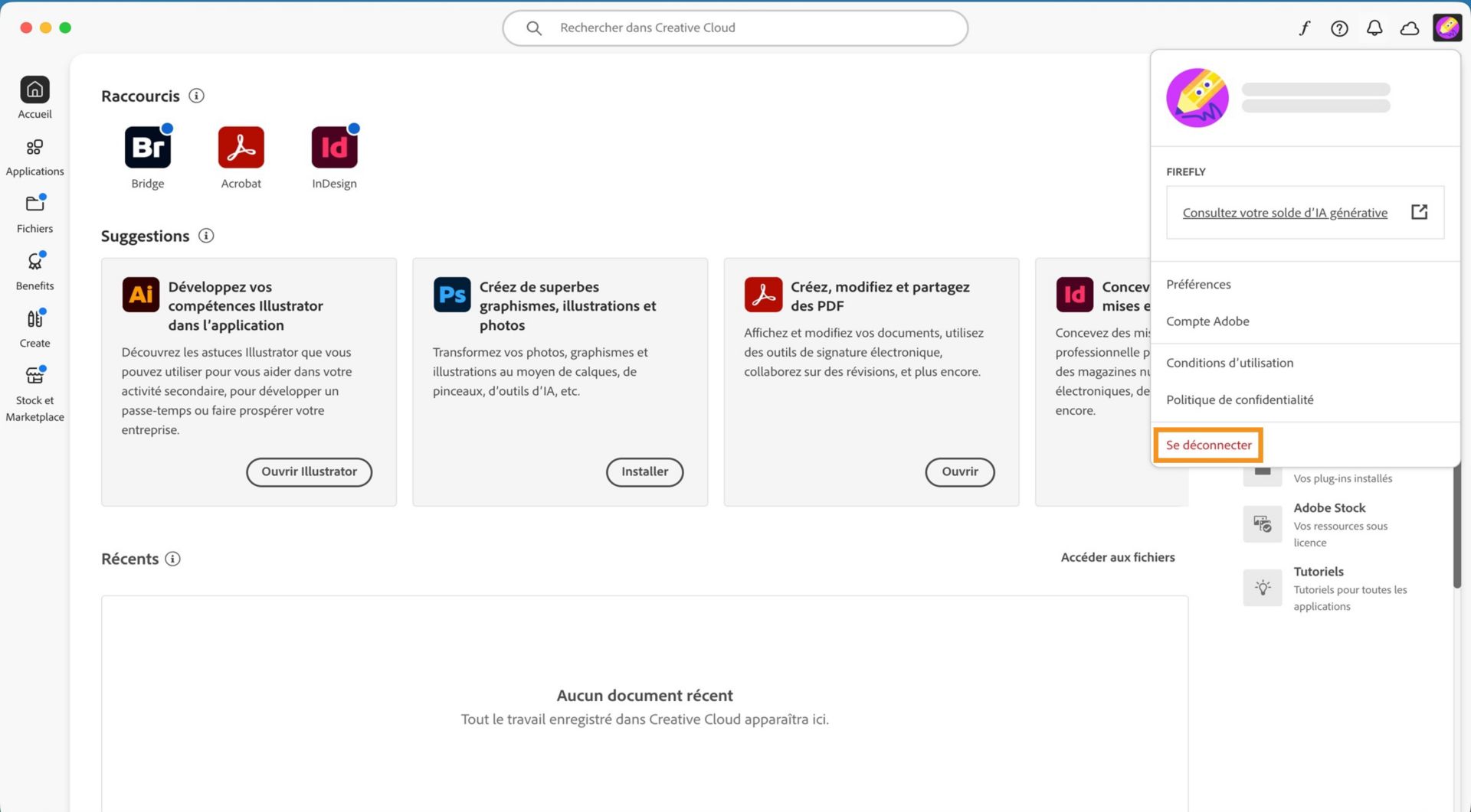 Le bouton de menu Compte disponible dans le coin supérieur droit propose une option pour vous déconnecter de votre application de bureau Creative Cloud.