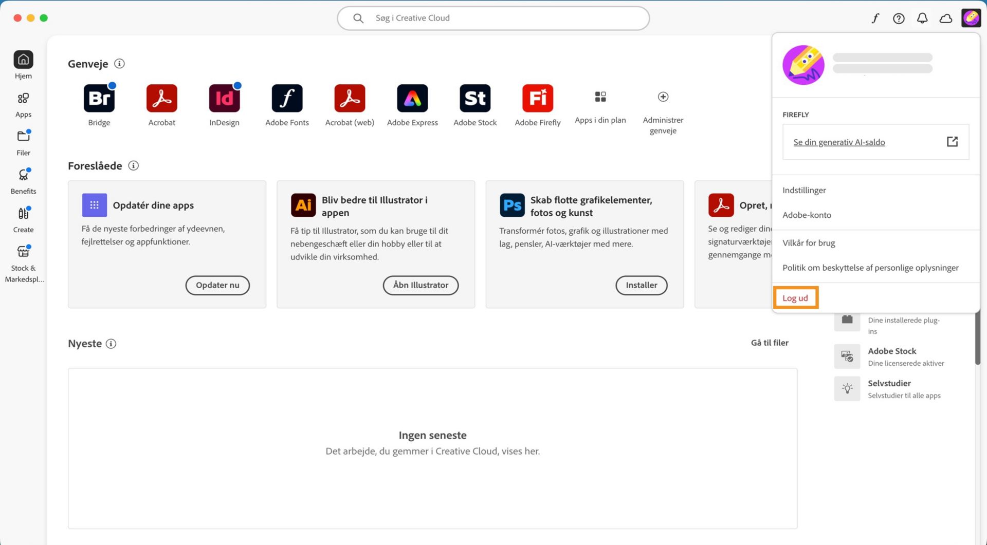 På startskærmen for Creative Cloud-computerappen vises Konto-rullemenuen med muligheden for at logge ud. 