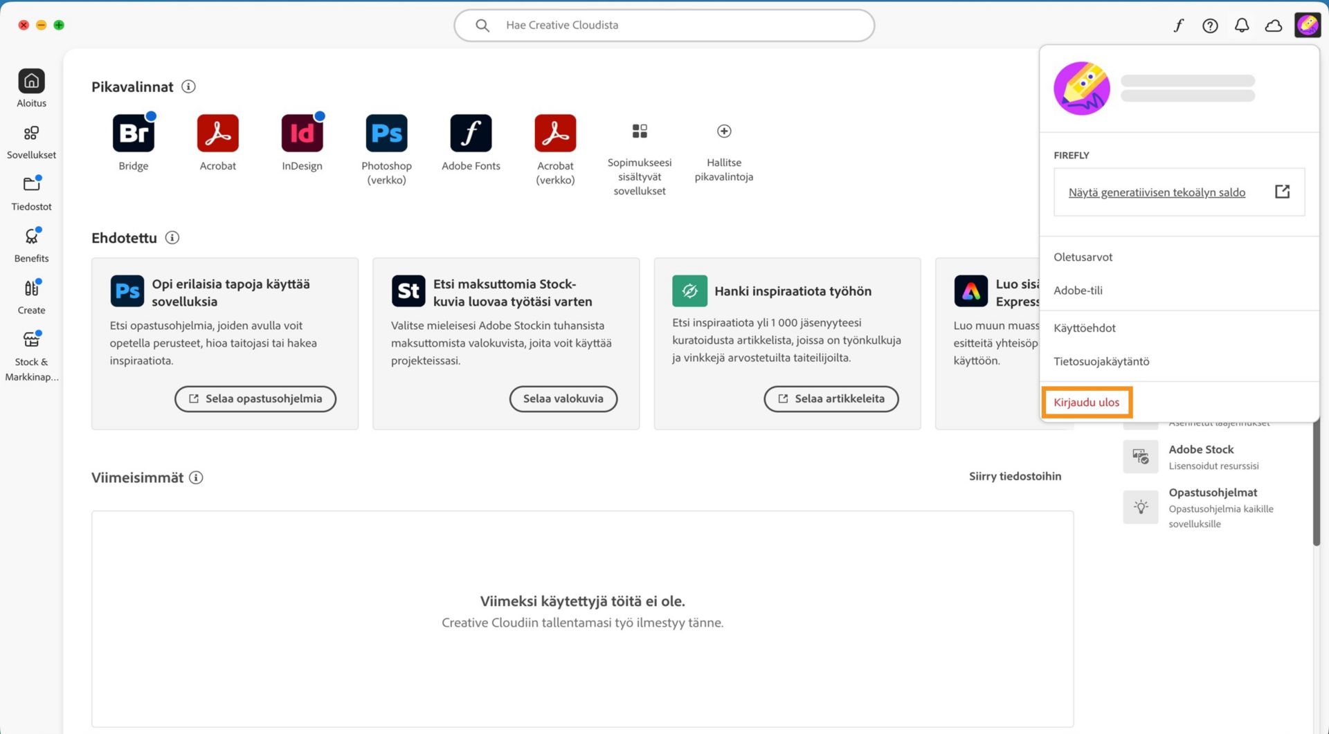 Creative Cloud -tietokonesovelluksen aloitusnäytössä näkyy avattava Tili-valikko ja Kirjaudu ulos -vaihtoehto. 