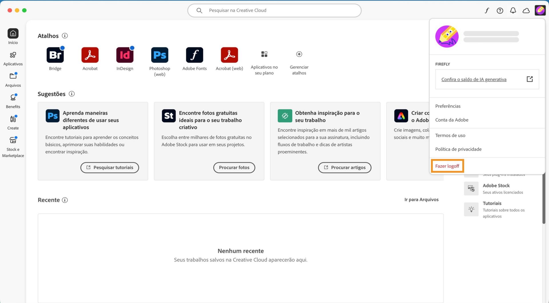 A tela inicial do aplicativo de desktop da Creative Cloud exibe o menu suspenso Conta com a opção Fazer logoff. 