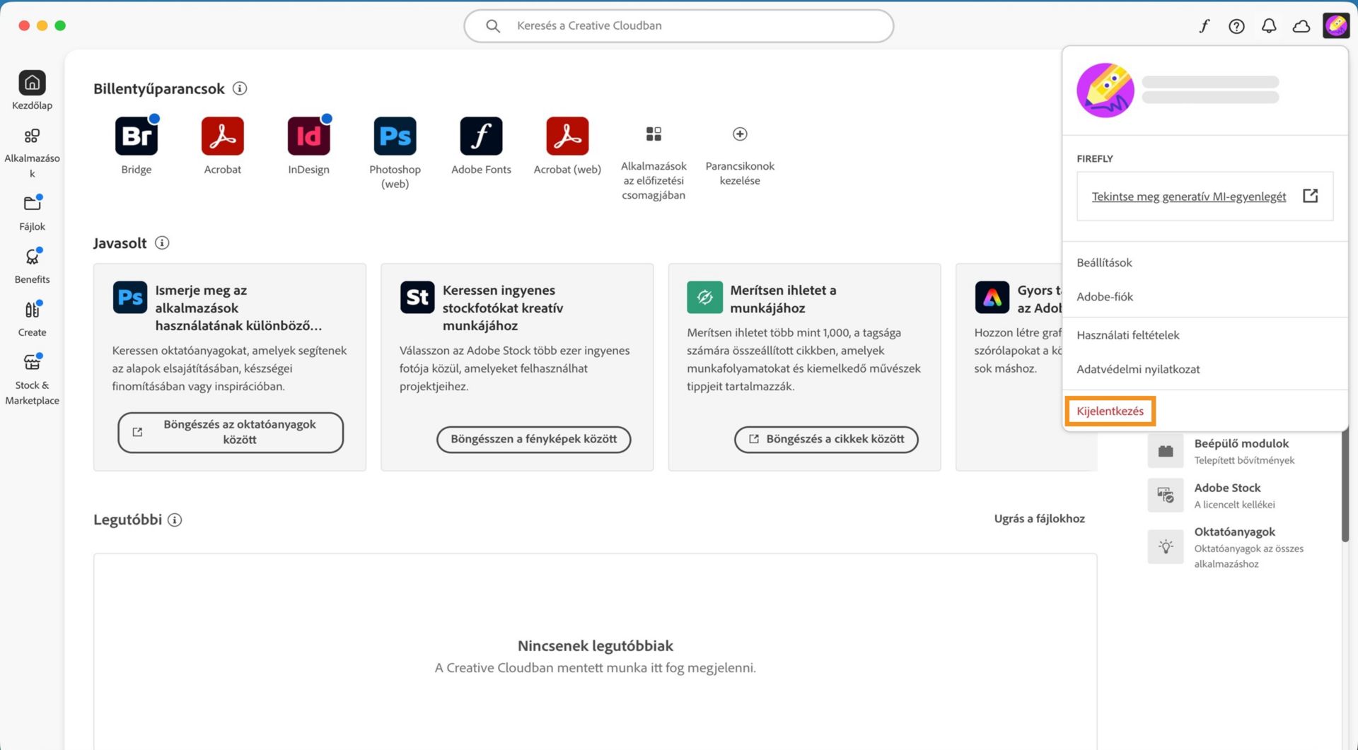 A jobb felső sarokban található Fiók menü gomb lehetővé teszi a Creative Cloud asztali alkalmazásból való kijelentkezést.