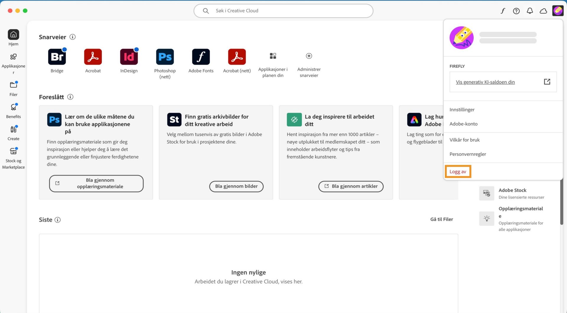 Startskjermen i Creative Cloud-appen viser nedtrekksmenyen for konto med alternativet for å Logg av. 