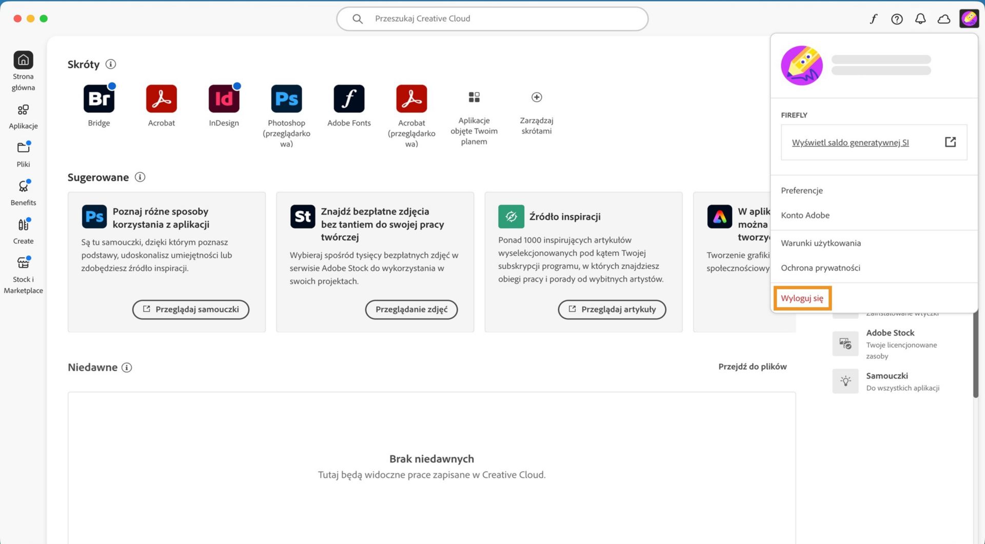 Ekran główny aplikacji Creative Cloud Desktop wyświetla menu rozwijane Konto z opcją Wyloguj się. 