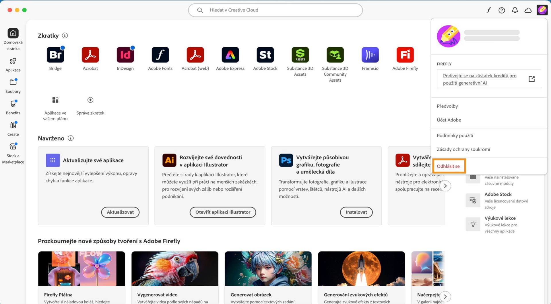 Domovská obrazovka aplikace Creative Cloud zobrazuje rozbalovací nabídku účtu s možností Odhlášení. 