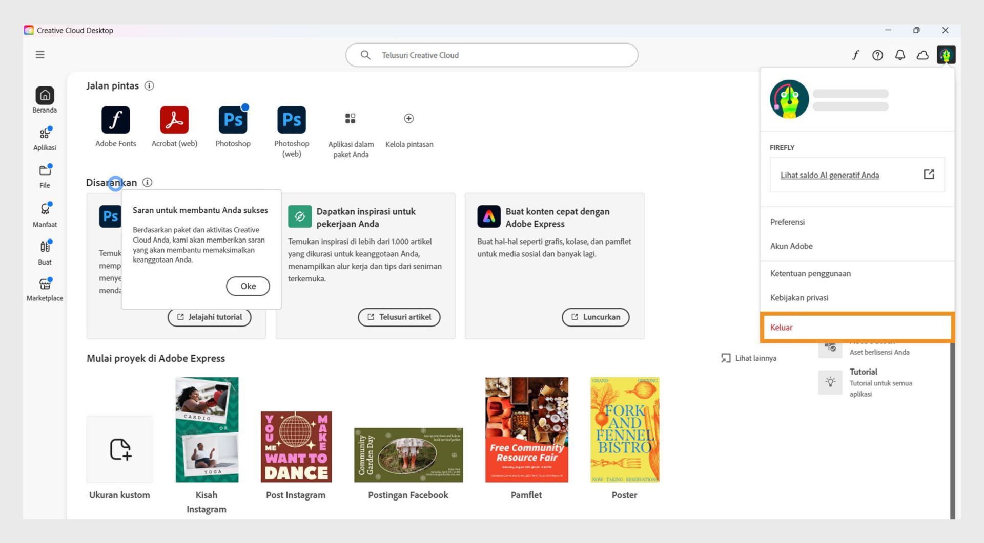 Tombol menu Akun yang tersedia di sudut kanan atas menyediakan opsi untuk logout dari aplikasi desktop Creative Cloud Anda.