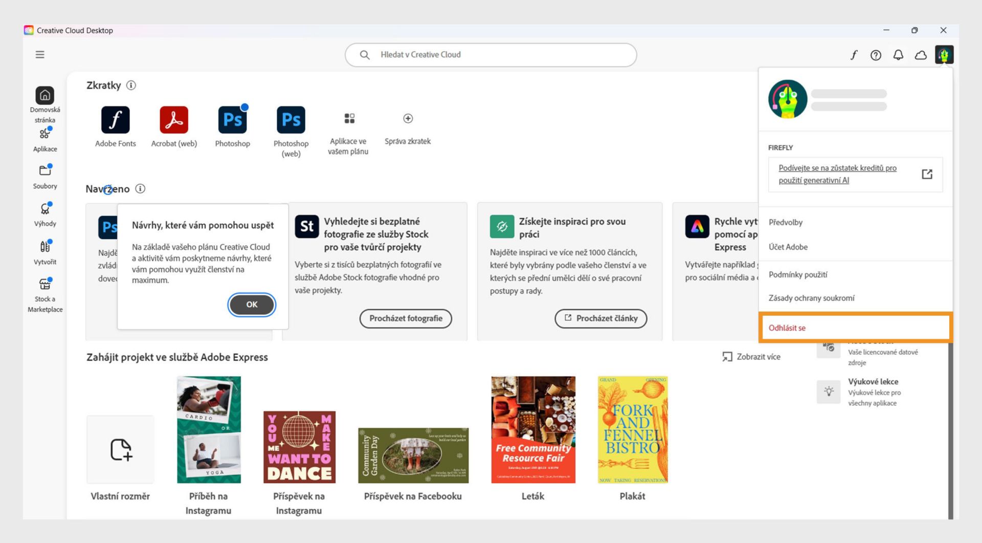 Tlačítko nabídky účtu dostupné v pravém horním rohu poskytuje možnost Odhlášení z vaší aplikace Creative Cloud.