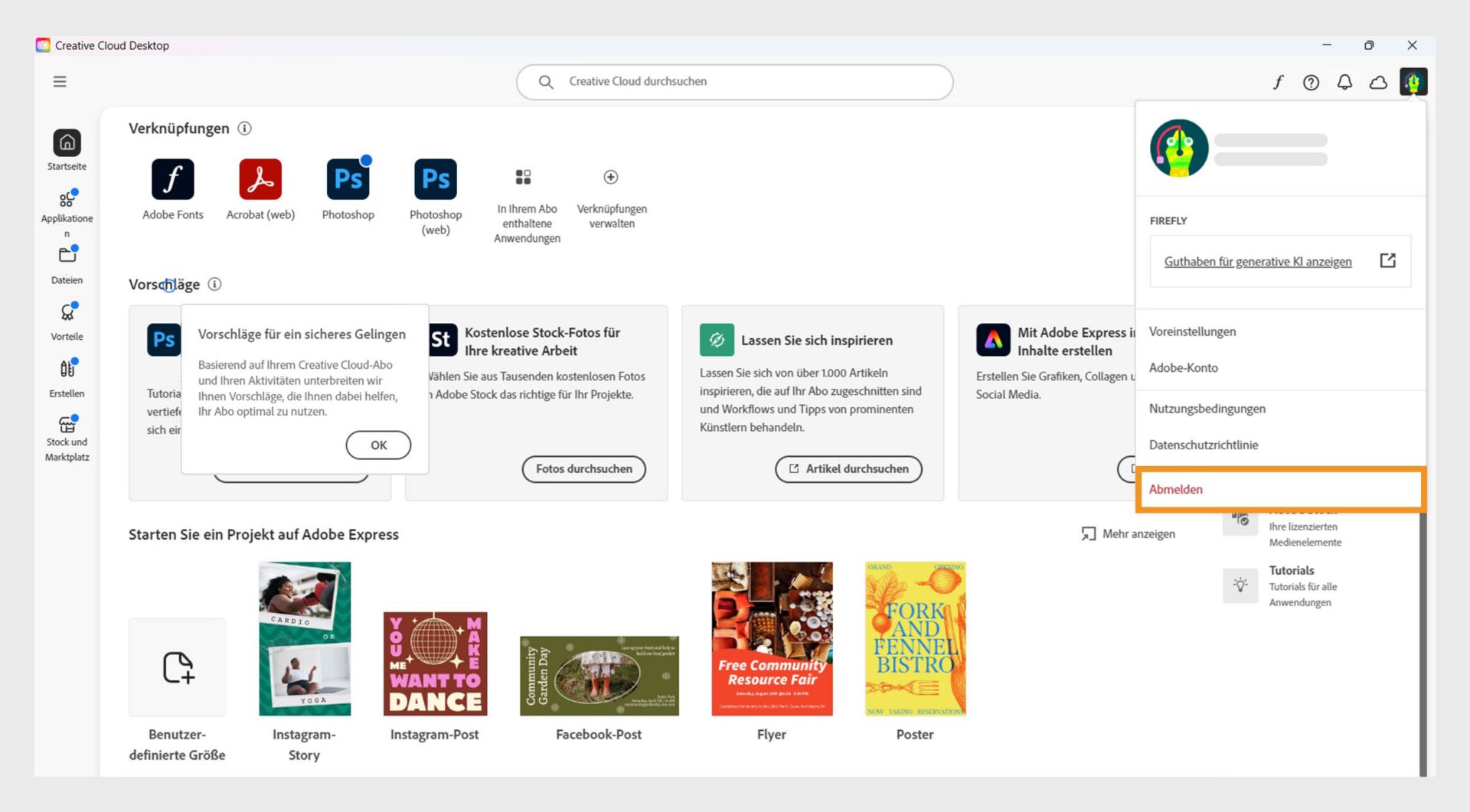 Über die Menüschaltfläche „Konto“ in der rechten oberen Ecke kannst du dich bei deinem Creative Cloud-Client abmelden.